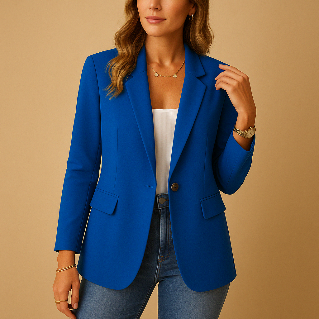 Fitted women's stretch blazer, essential outerwear for a polished professional look or elevated casual outfits.