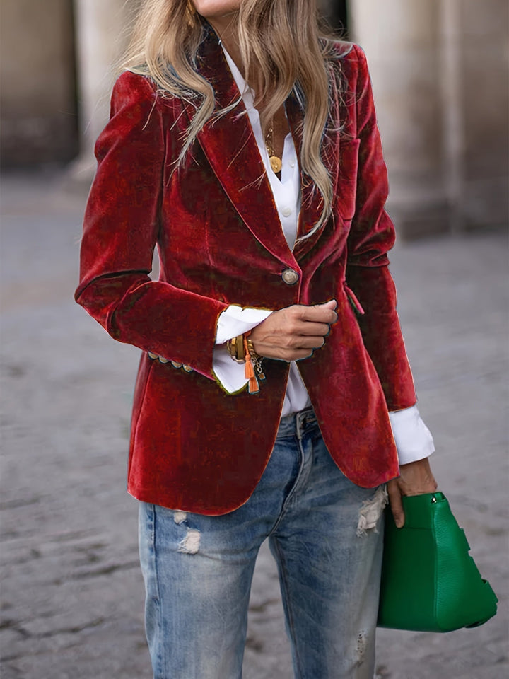 Elegant long-sleeve velvet blazer for women, ideal for business casual or formal wear.