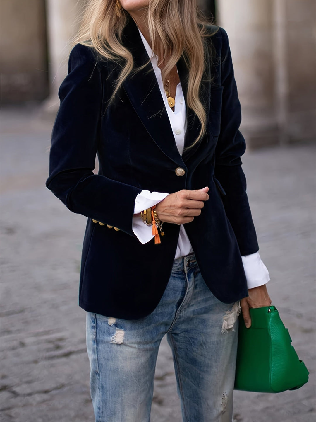 Chic women's tailored velvet jacket with stunning gold buttons, versatile elegant outerwear.