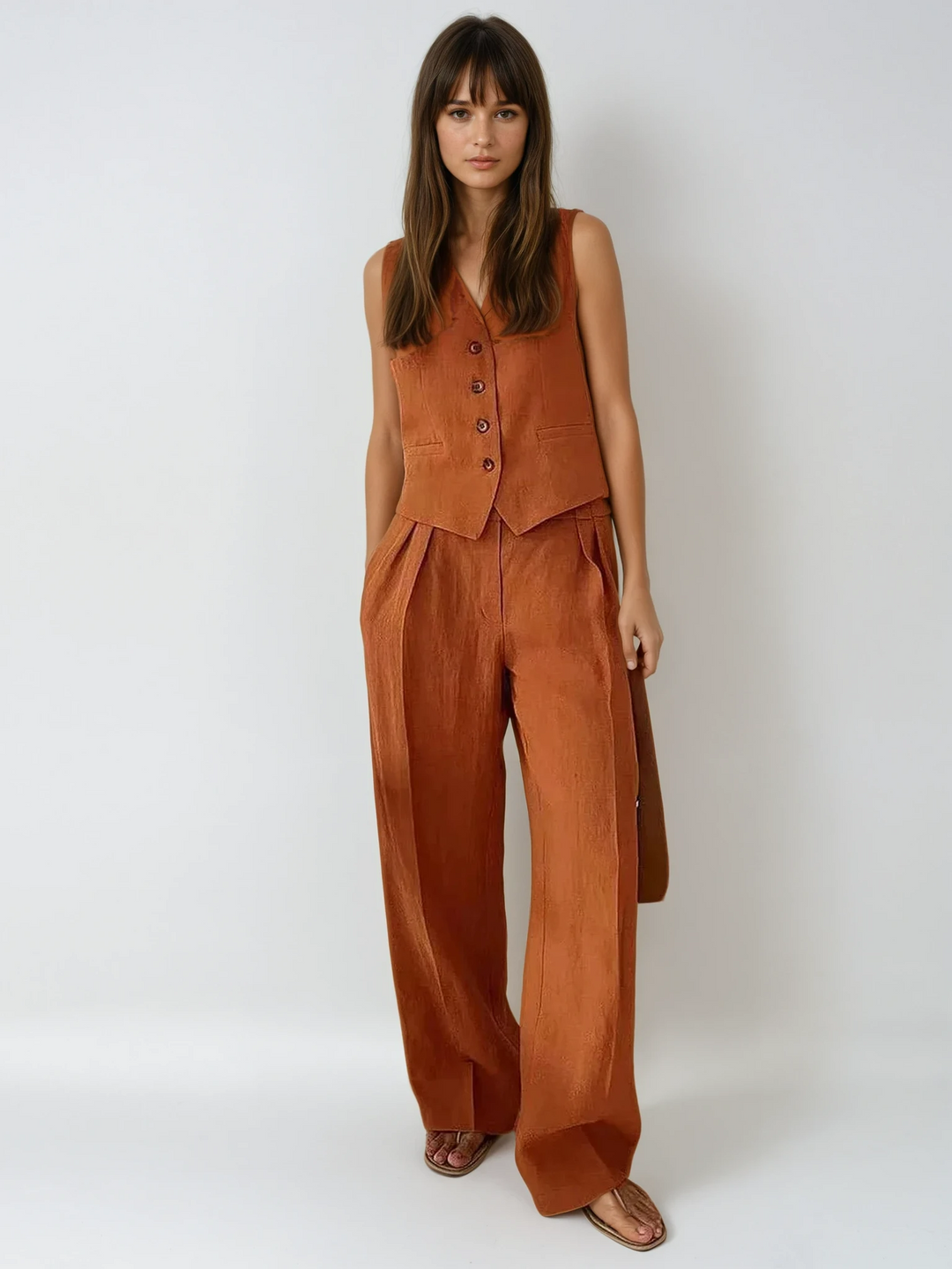 Women's tailored waistcoat & wide leg trouser set, perfect for office or chic summer events.