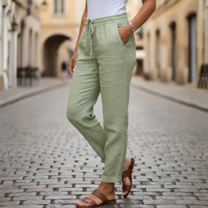 Women's tapered drawstring pants. Elastic waist for comfortable casual summer style.