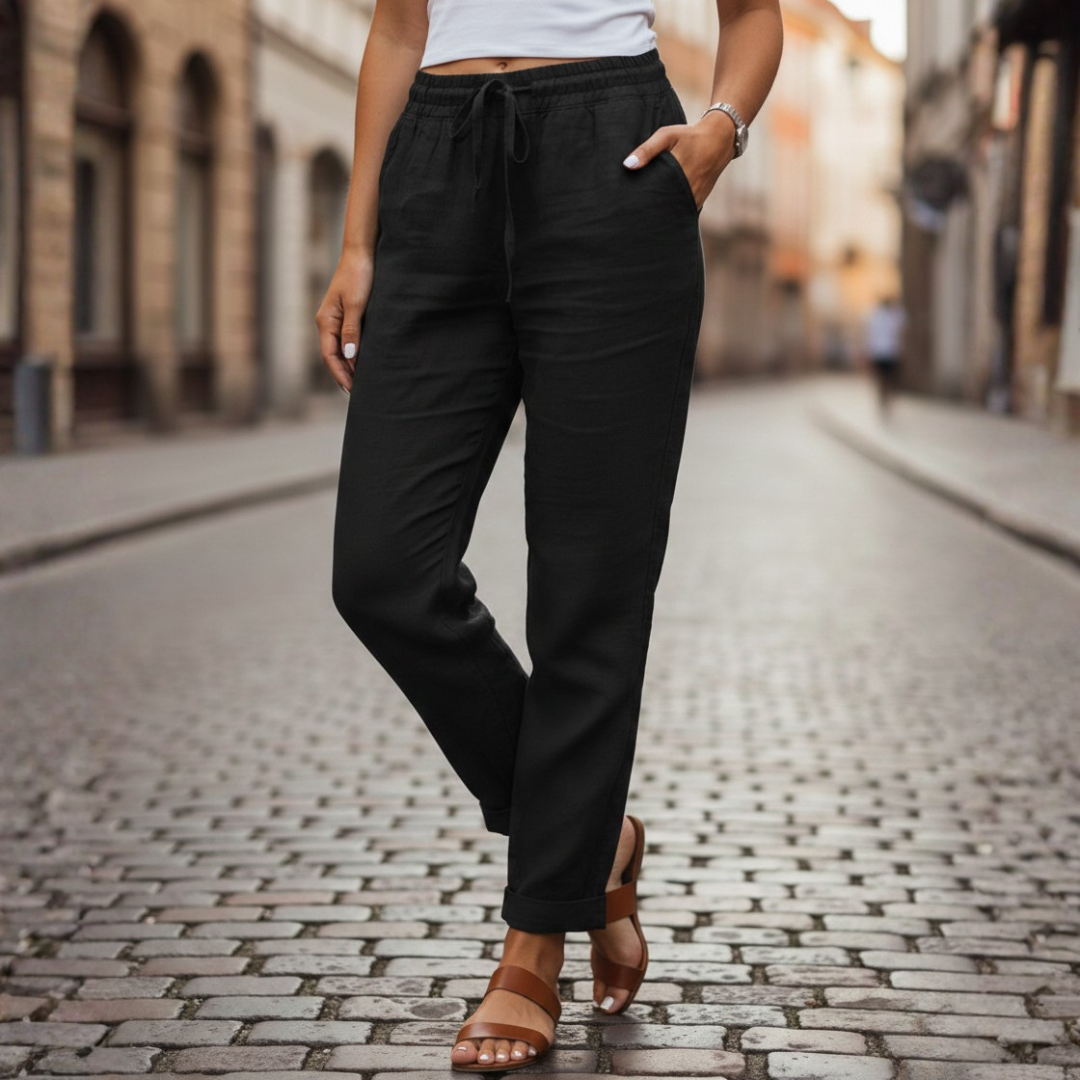 Stylish cuffed hem detail on women's relaxed fit tapered trousers. Ideal for spring & summer casual wear.