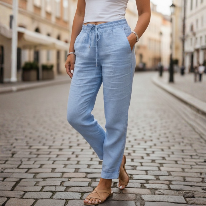Soft fabric women's tapered drawstring pants. Elastic waist for ultimate comfort & casual summer style.