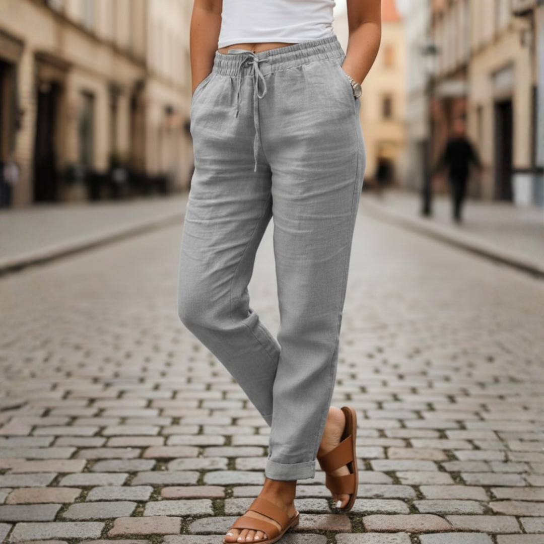 Versatile women's tapered trousers with drawstring waist. Great for casual spring & summer daily outfits.