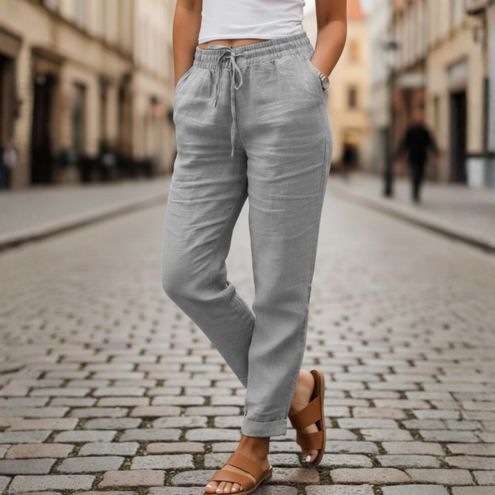 Versatile women's tapered trousers with drawstring waist. Great for casual spring & summer daily outfits.
