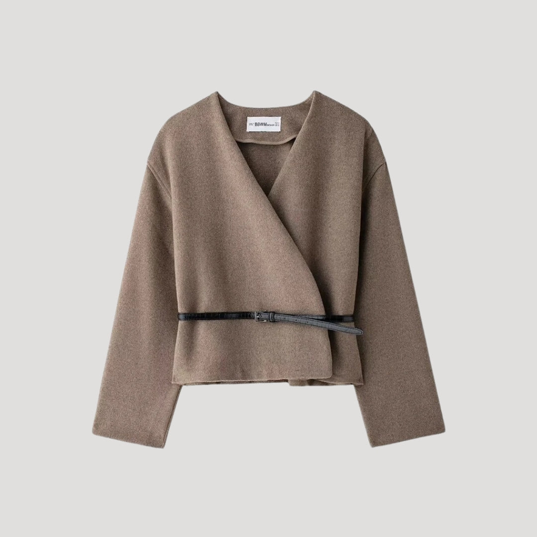 Women's taupe belted wrap jacket top, a chic and lightweight spring workwear option for casual fashion