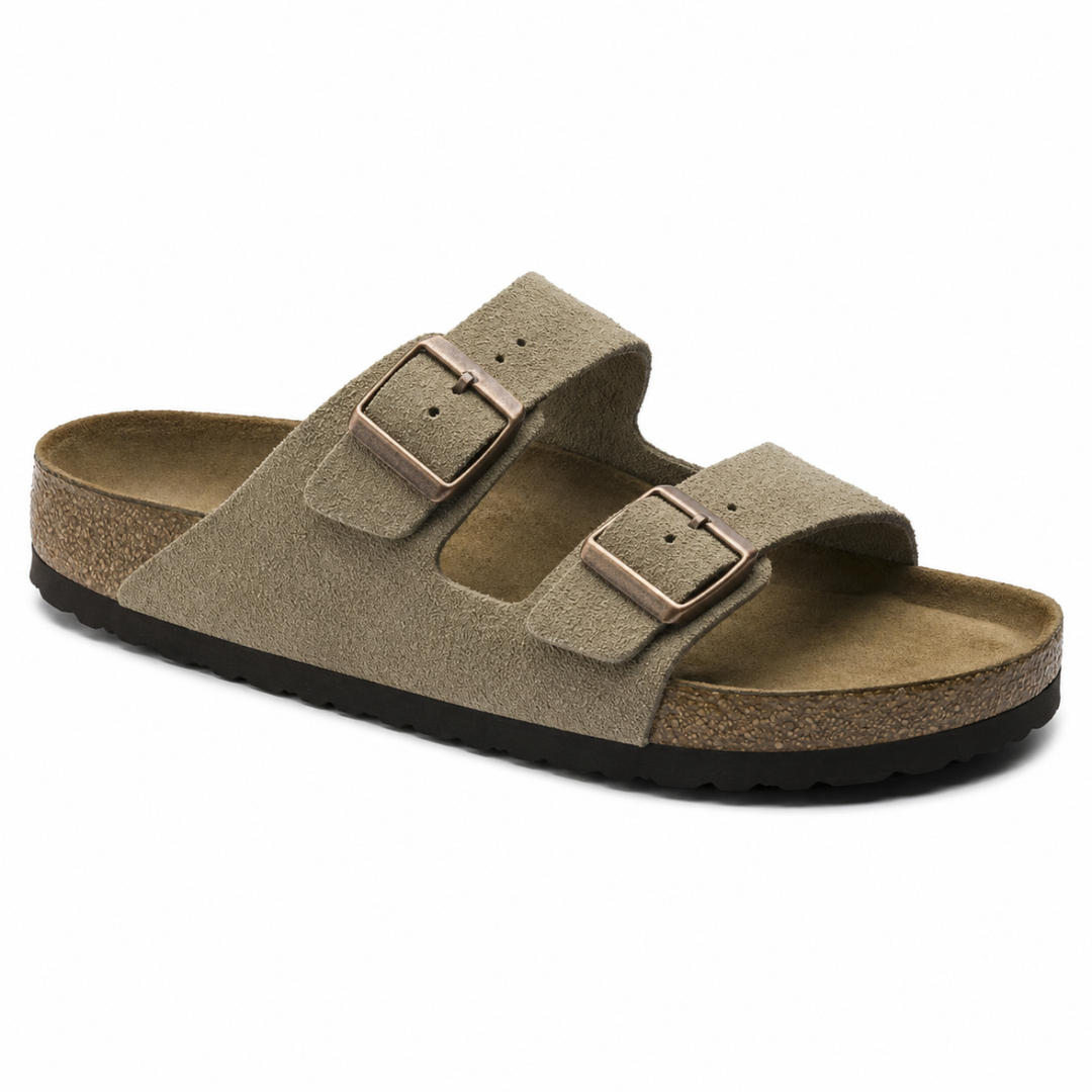 Women's taupe casual sandals with anatomical footbed, perfect for summer comfort & support.