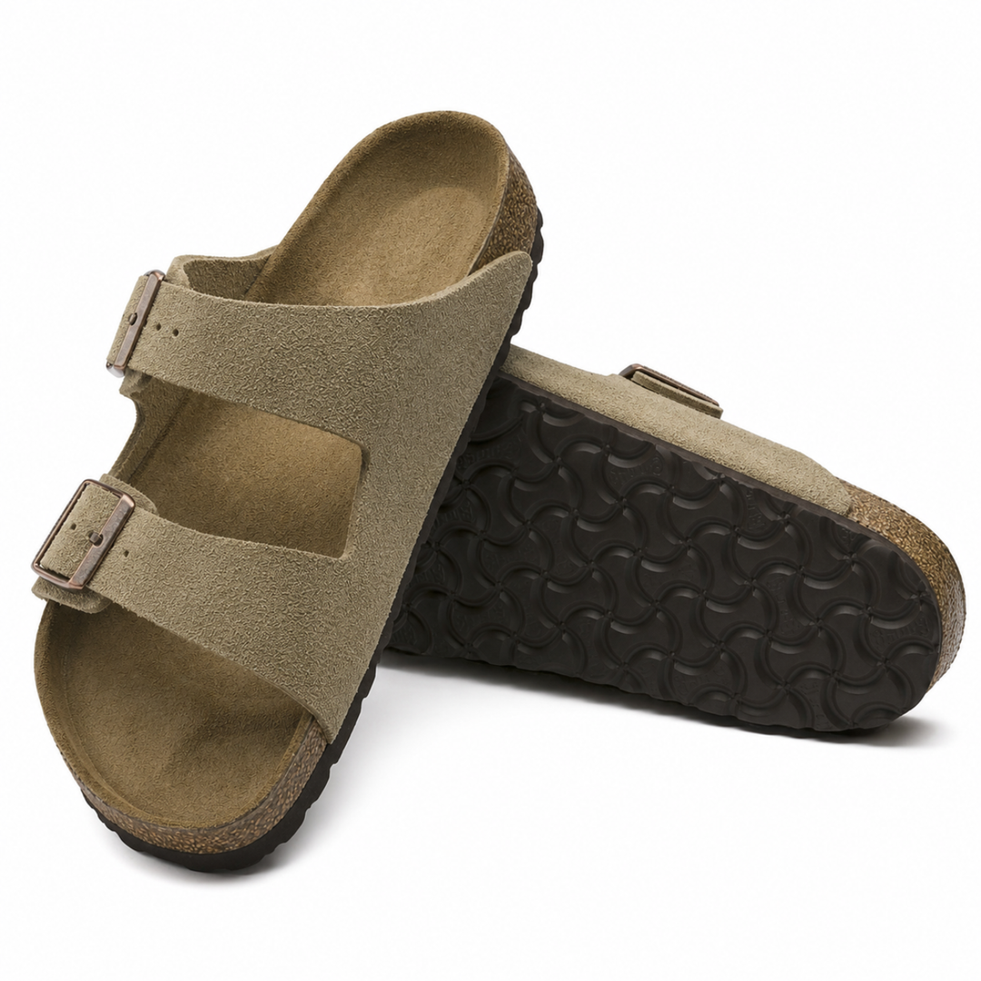 Taupe women's walking sandals, ergonomic design with adjustable strap & open-toe comfort footwear.