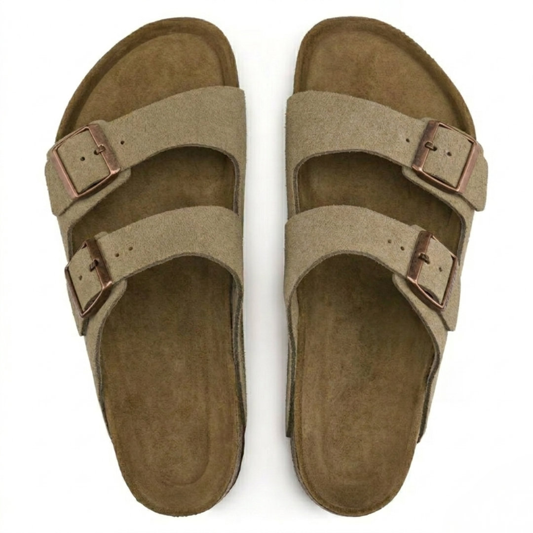 Flat taupe women's sandals, casual summer shoes with supportive anatomical footbed & adjustable straps.