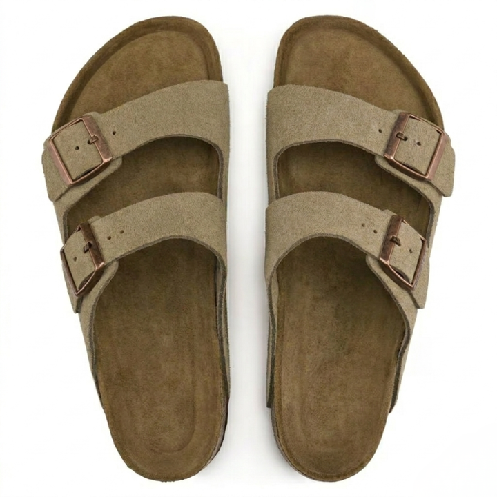 Flat taupe women's sandals, casual summer shoes with supportive anatomical footbed & adjustable straps.