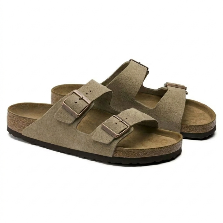 Comfortable women's taupe sandals, ergonomic walking shoes with a soft anatomical footbed for all-day wear.