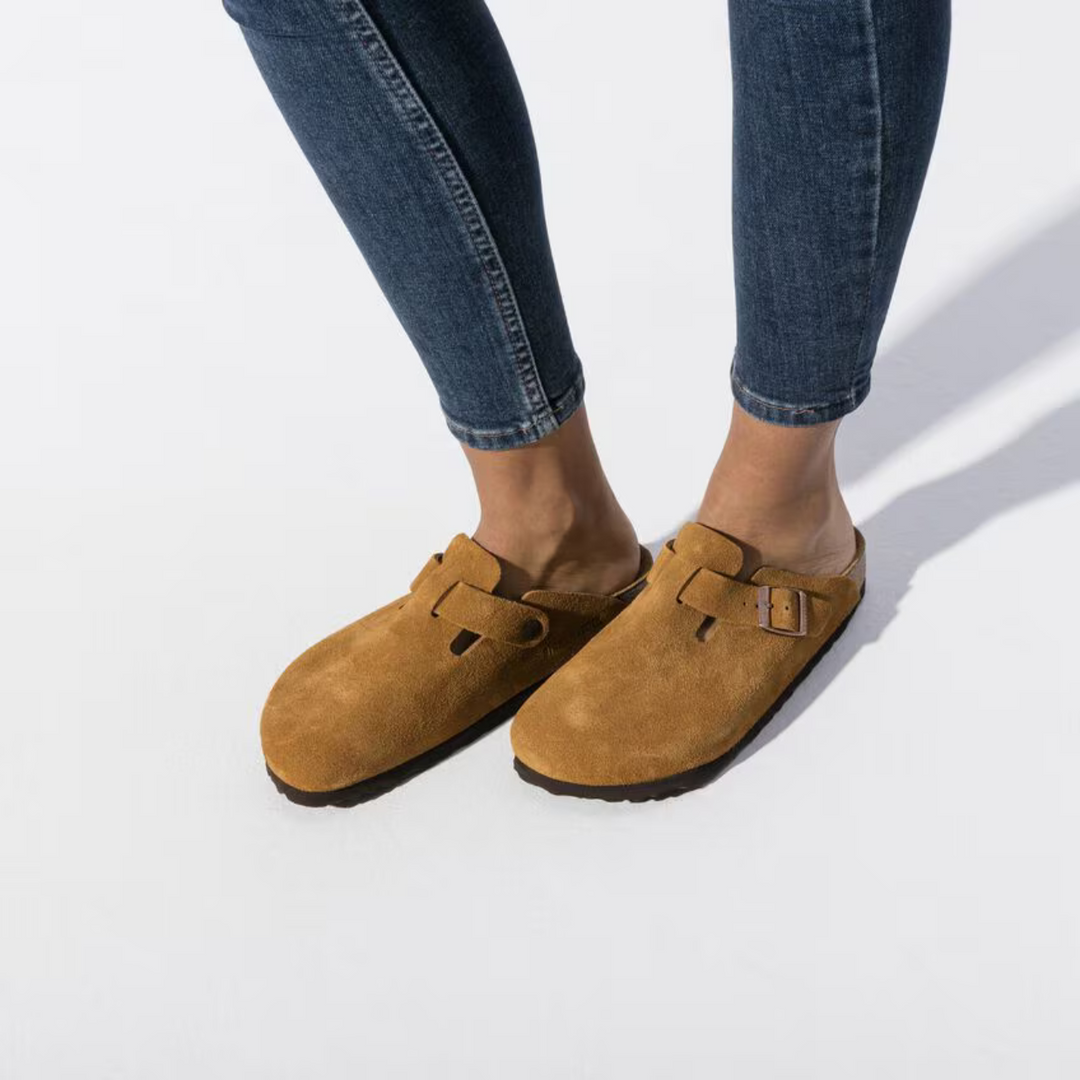 Versatile taupe women's clogs, great for summer or fall, with a comfortable anatomical footbed.