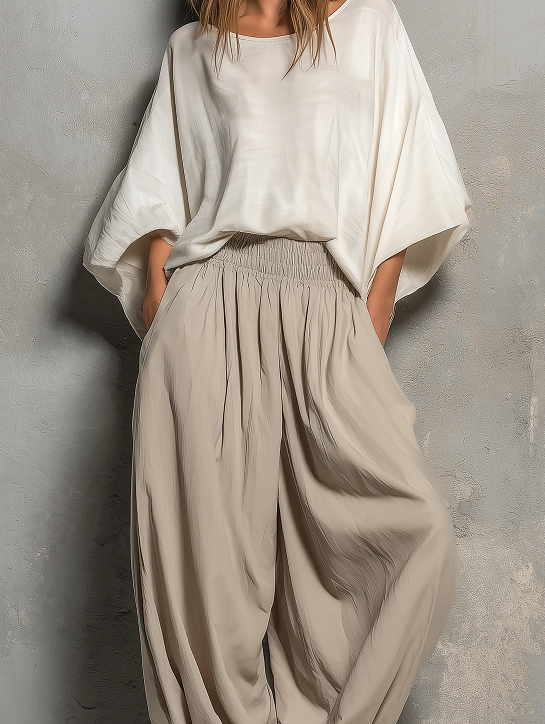 Stylish women's taupe drawstring harem pants. High waist, wide leg design, great for spring/summer casual fashion.