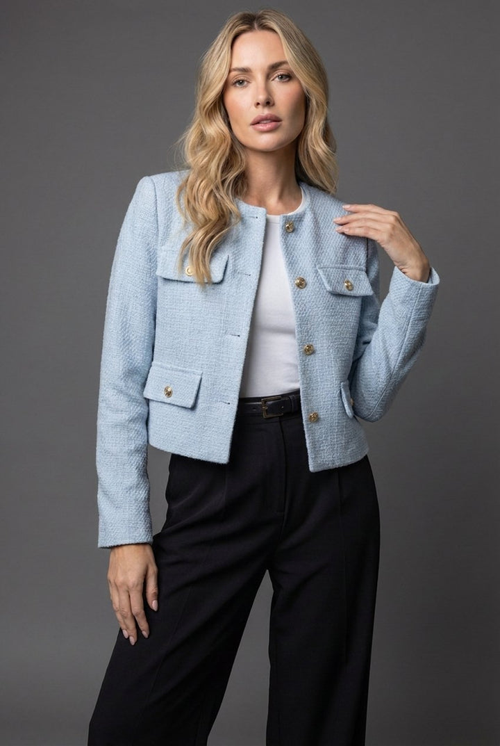 Women's textured cropped collarless blazer with gold buttons. Perfect for office wear or smart casual spring outfits.