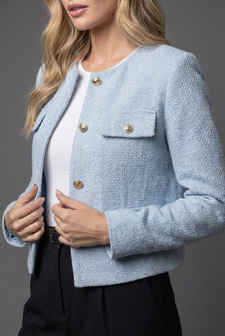 Versatile women's textured cropped jacket, collarless & box fit. Gold button details elevate smart casual & office wear.