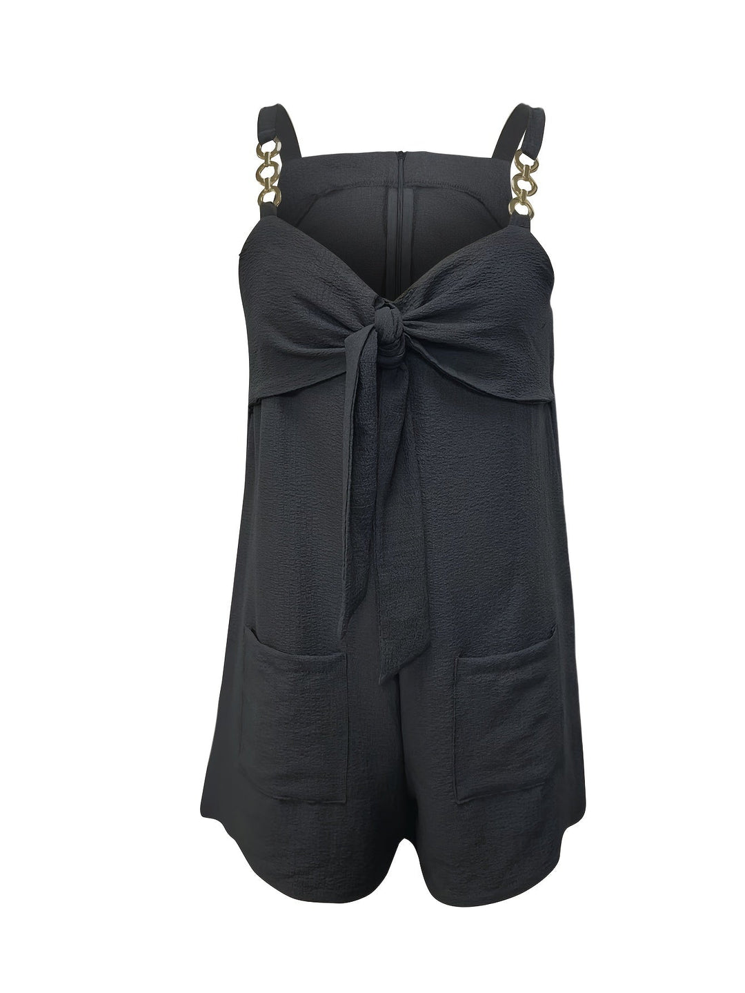 Fashionable women's short romper, textured fabric, flattering sweetheart neck, with chain straps.