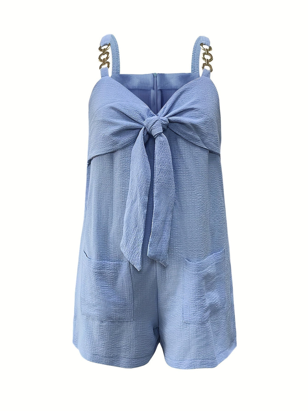 Sweetheart neck textured romper for women with trendy chain straps, perfect for warm weather.