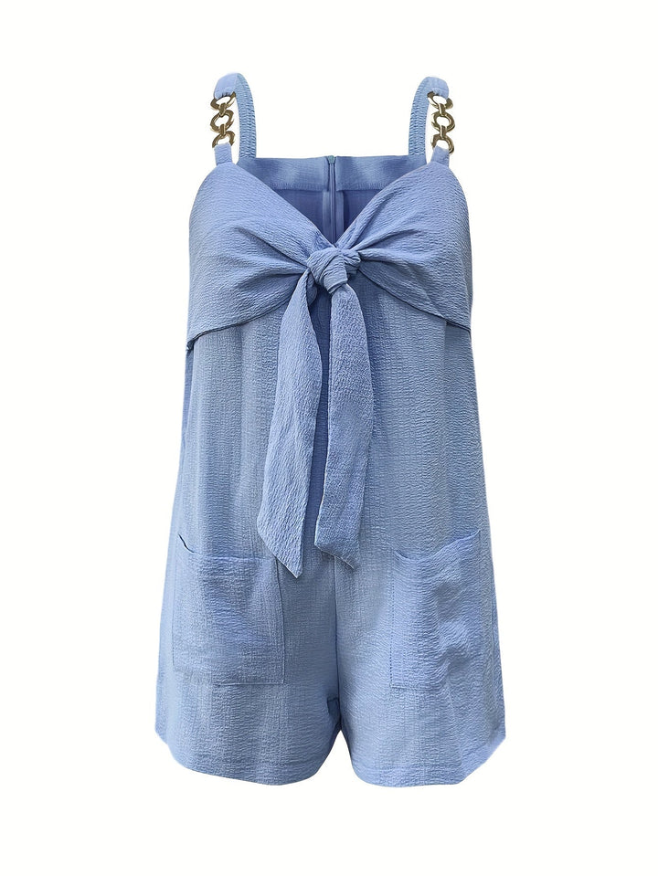 Sweetheart neck textured romper for women with trendy chain straps, perfect for warm weather.
