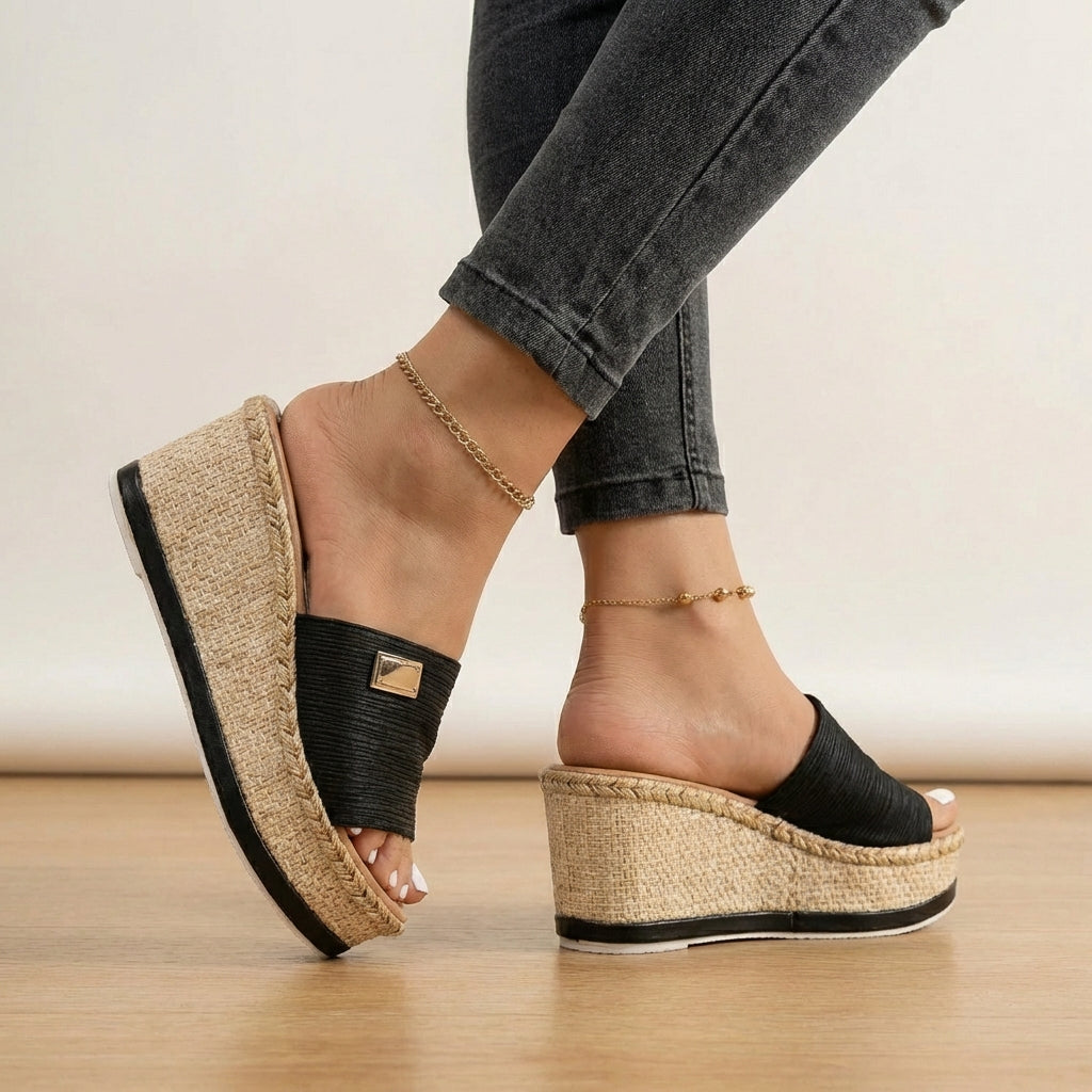 Women's textured strap espadrille wedge sandals, ideal for summer fashion, bohemian style, and comfortable casual wear.