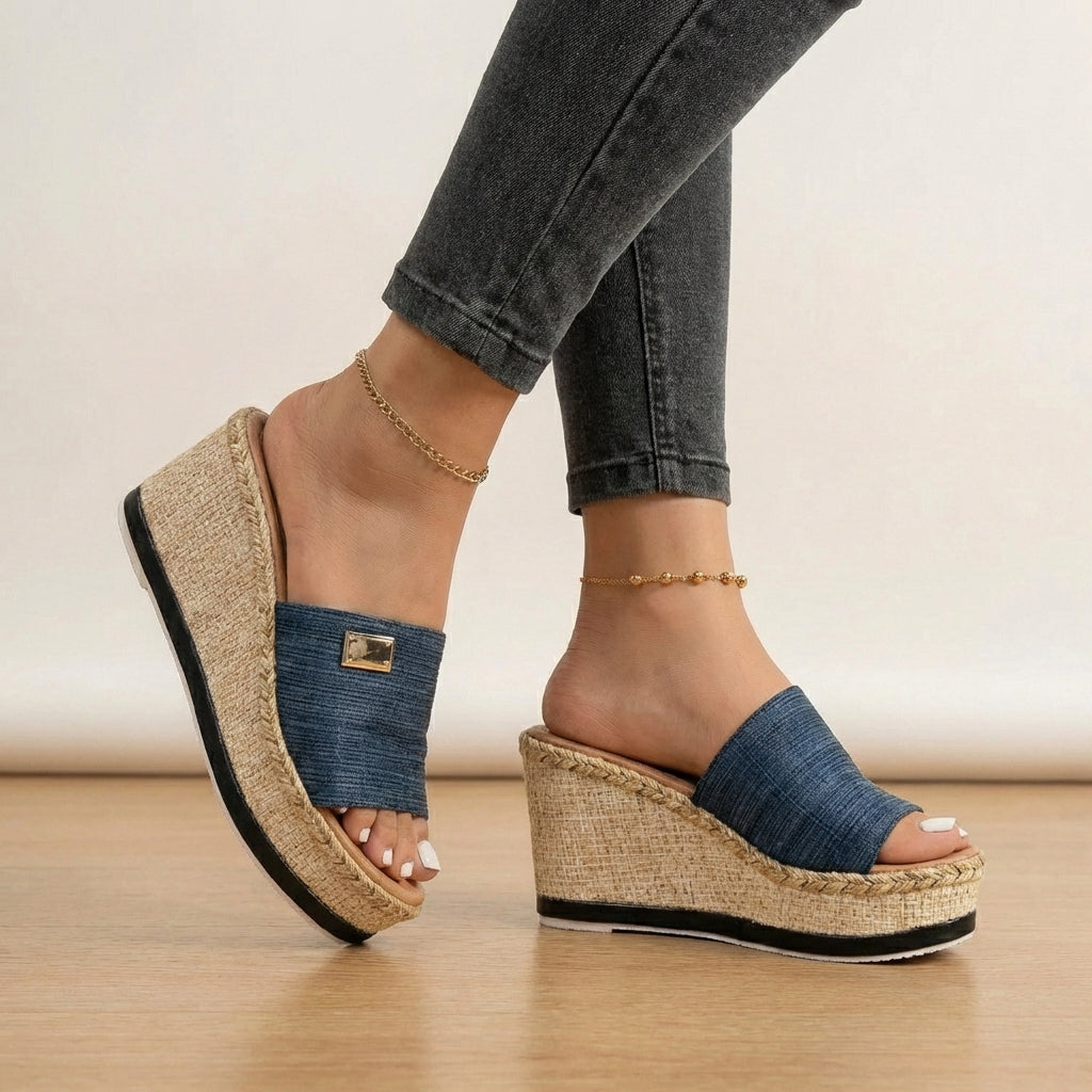 Comfortable open-toe espadrille wedge sandals for women, featuring textured straps; perfect chic casual summer footwear.