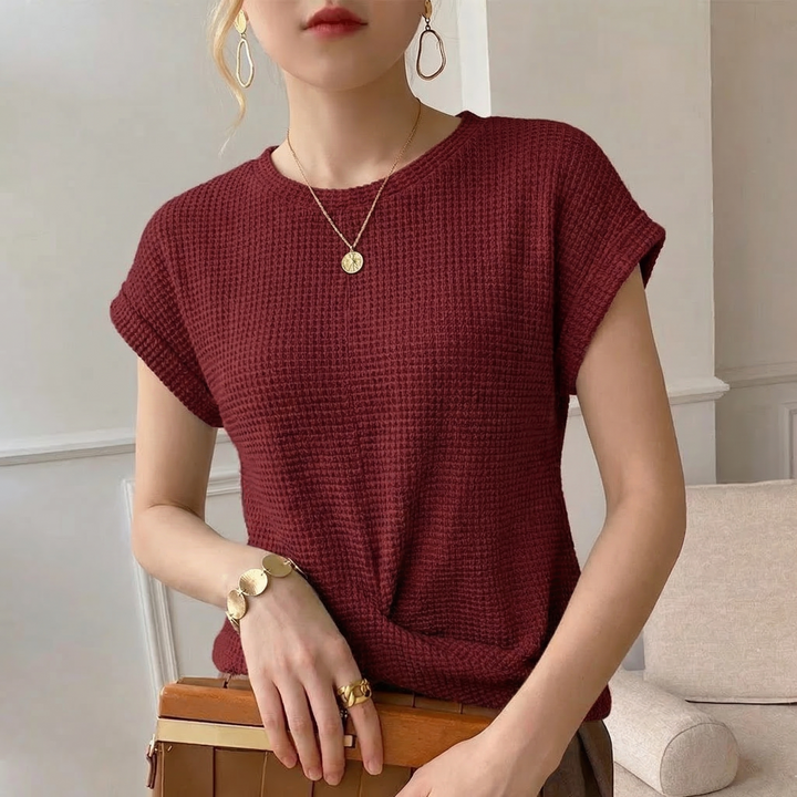 Textured twist front women's top, elegant long sleeve blouse, ideal for everyday casual wear.