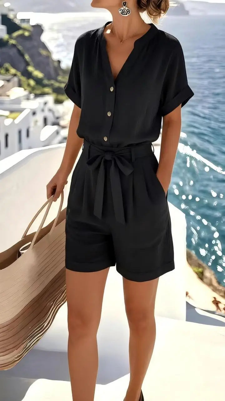 Comfortable women's summer romper, sleeveless with a stylish tie-front. Great for vacation & warm weather.