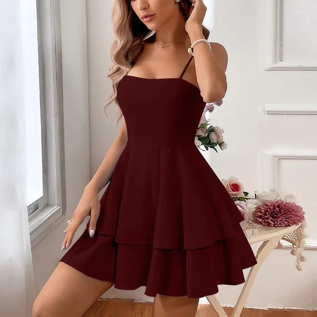 Versatile women's tiered A-line mini dress, spaghetti strap design for homecoming, parties, or summer casual.