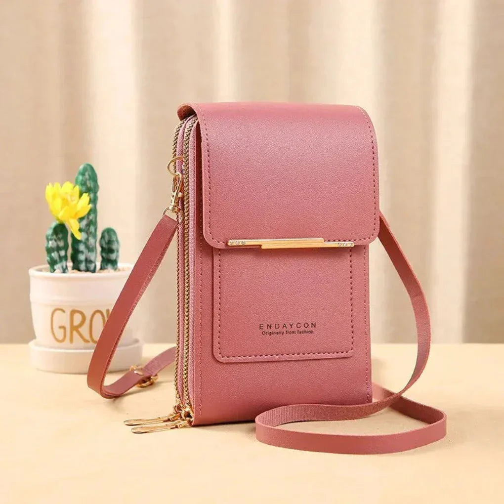 Stylish women's phone crossbody purse with touch screen window, ideal for keeping essentials organized.