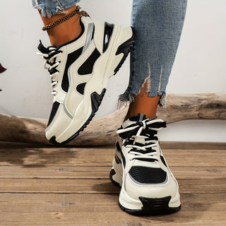 Beige women's platform fashion sneakers, thick sole for height-increasing street style.