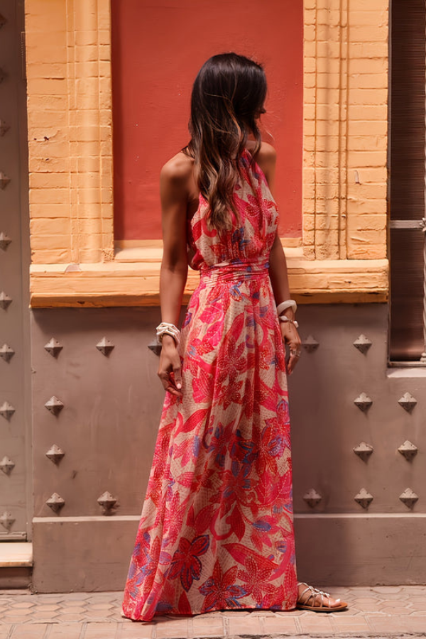 Women's tropical floral halter keyhole maxi dress. Perfect summer vacation, beach, and resort wear.