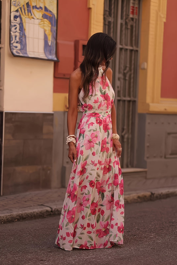 Versatile women's tropical halter keyhole maxi dress. Great for beach, resort, summer events & vacation outfits.