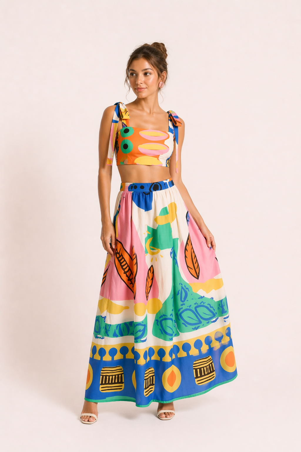 Women's tropical print crop top & flowing maxi skirt set. Perfect summer vacation beach outfit.