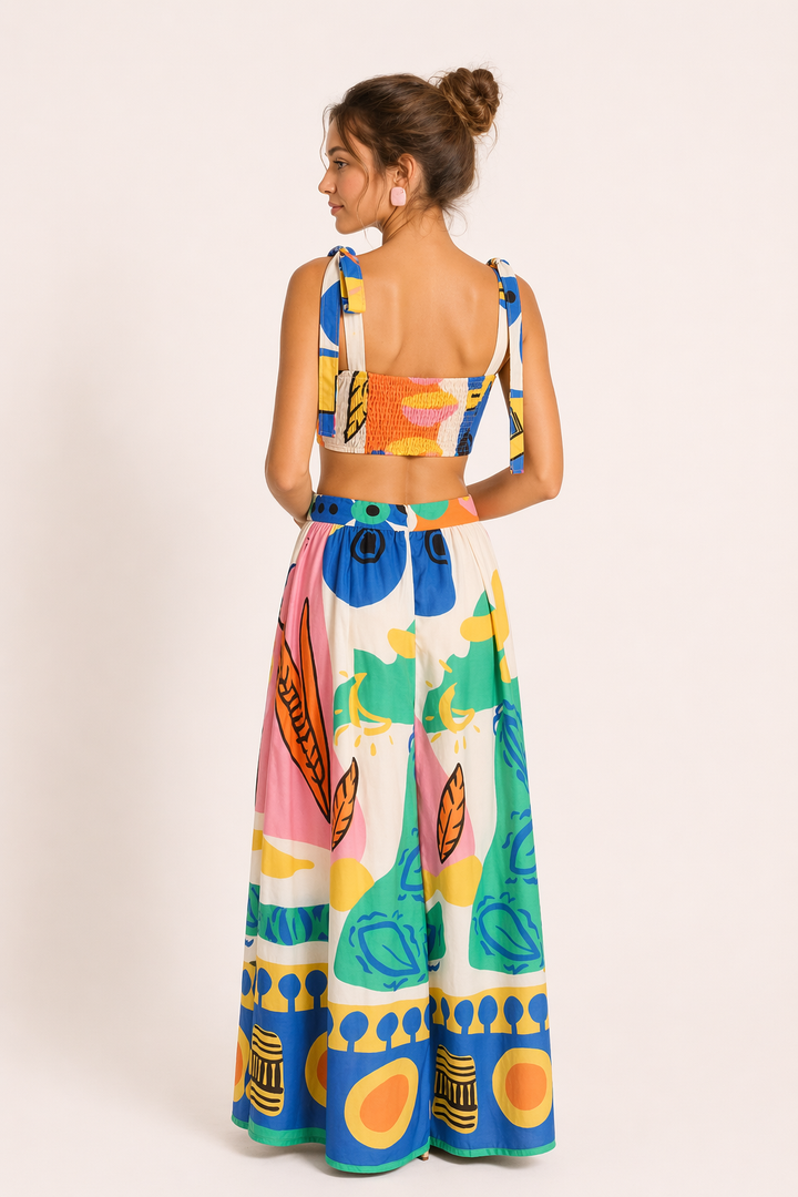Stylish women's two-piece tropical print crop top and maxi skirt for summer fashion & vacation wear.