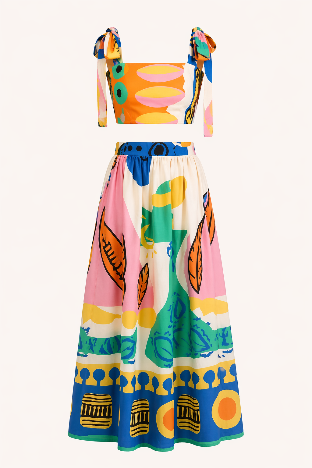 Vibrant tropical print crop top & comfy maxi skirt set. Women's summer vacation ensemble, beach ready.