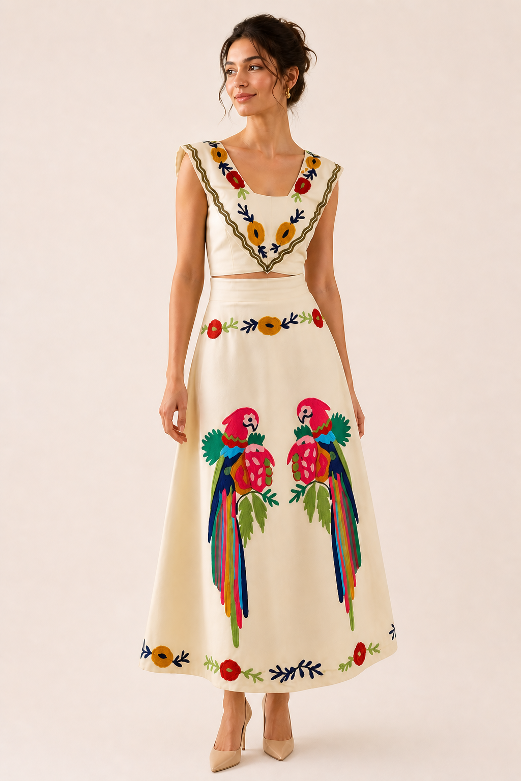 Women's tropical print crop top & high-waisted maxi skirt set for summer vacation.