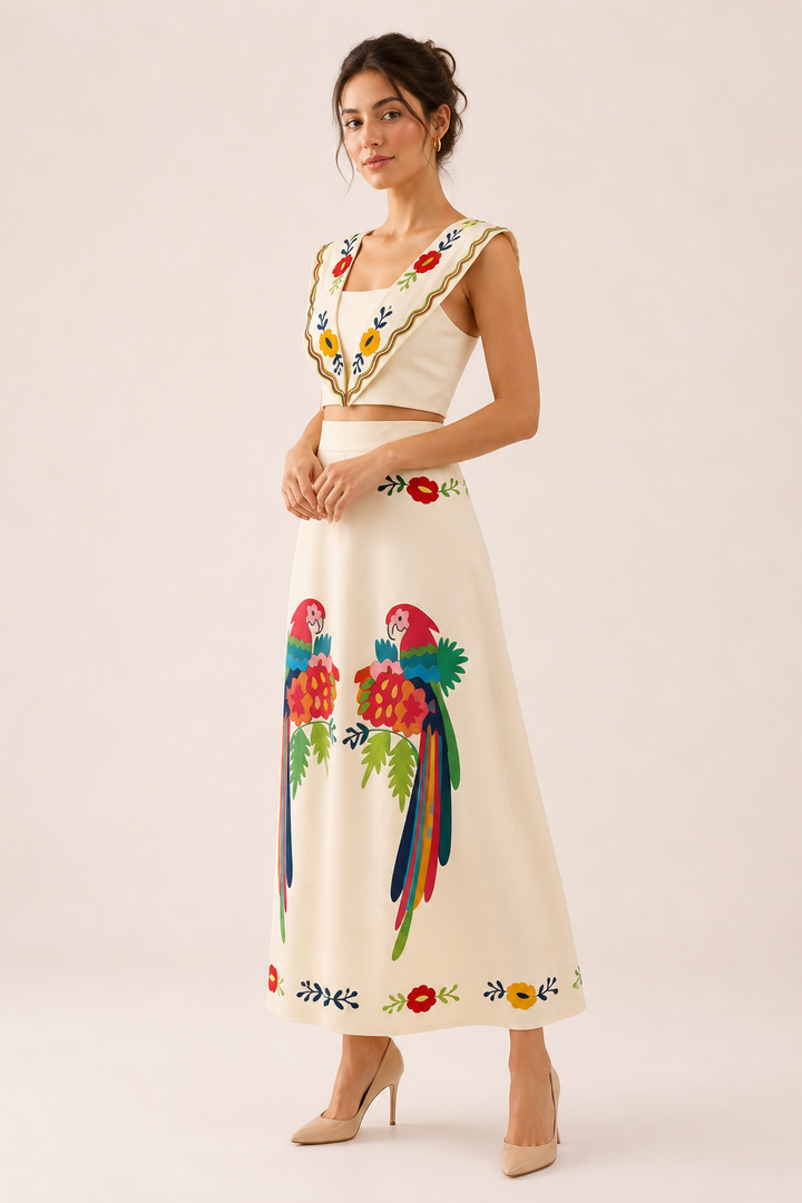 Stylish sleeveless tropical print crop top & flowy maxi skirt two-piece set for women.