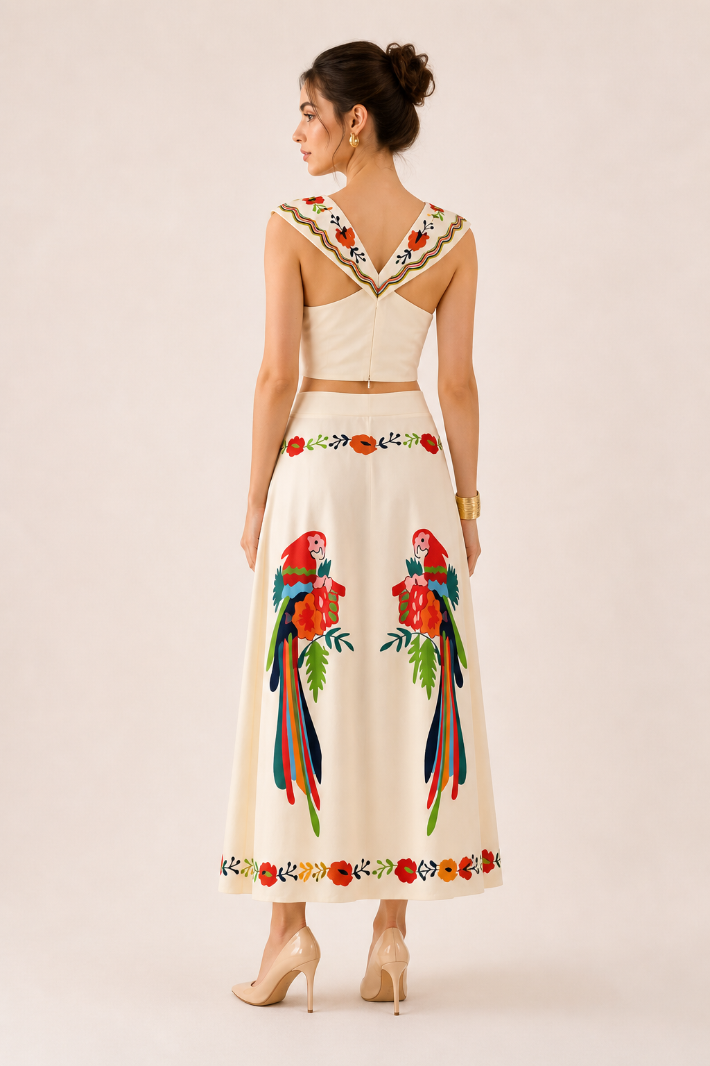 Vibrant tropical print summer outfit: women's crop top & maxi skirt set, perfect for beach resort.