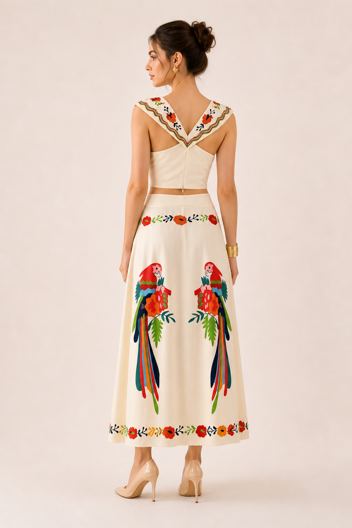 Vibrant tropical print summer outfit: women's crop top & maxi skirt set, perfect for beach resort.