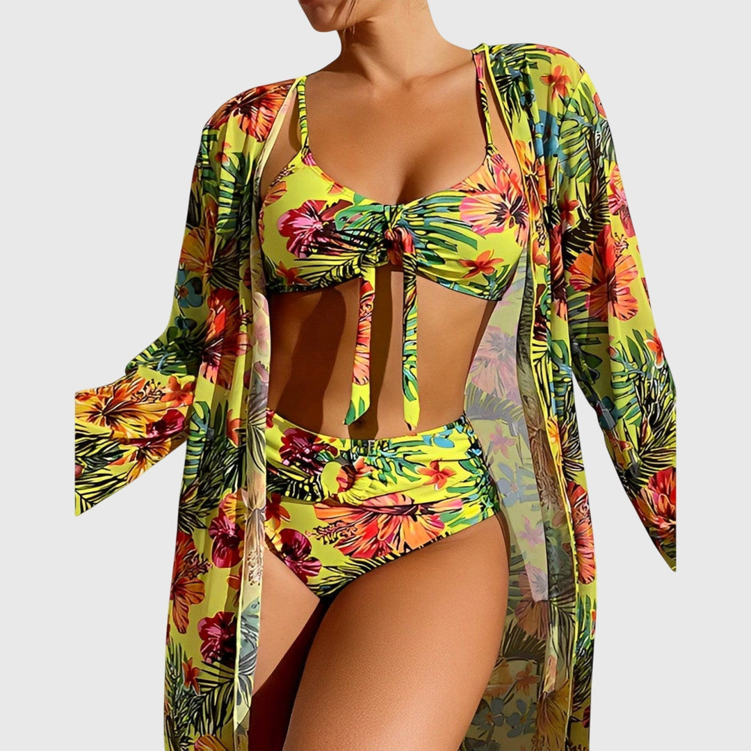 Women's tropical print two-piece bikini swimsuit set. Perfect beachwear for summer vacations.