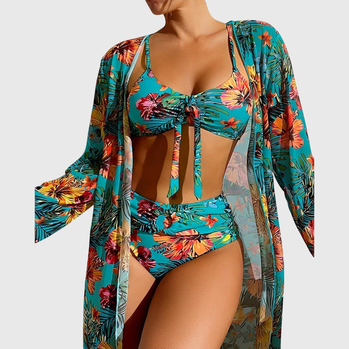 Front view of women's two-piece tropical print bikini swimsuit, ideal for beach, vacation, or poolside.