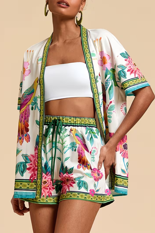 Stylish women's tropical print shorts set. Perfect for summer, beach, resort, or vacation fashion.