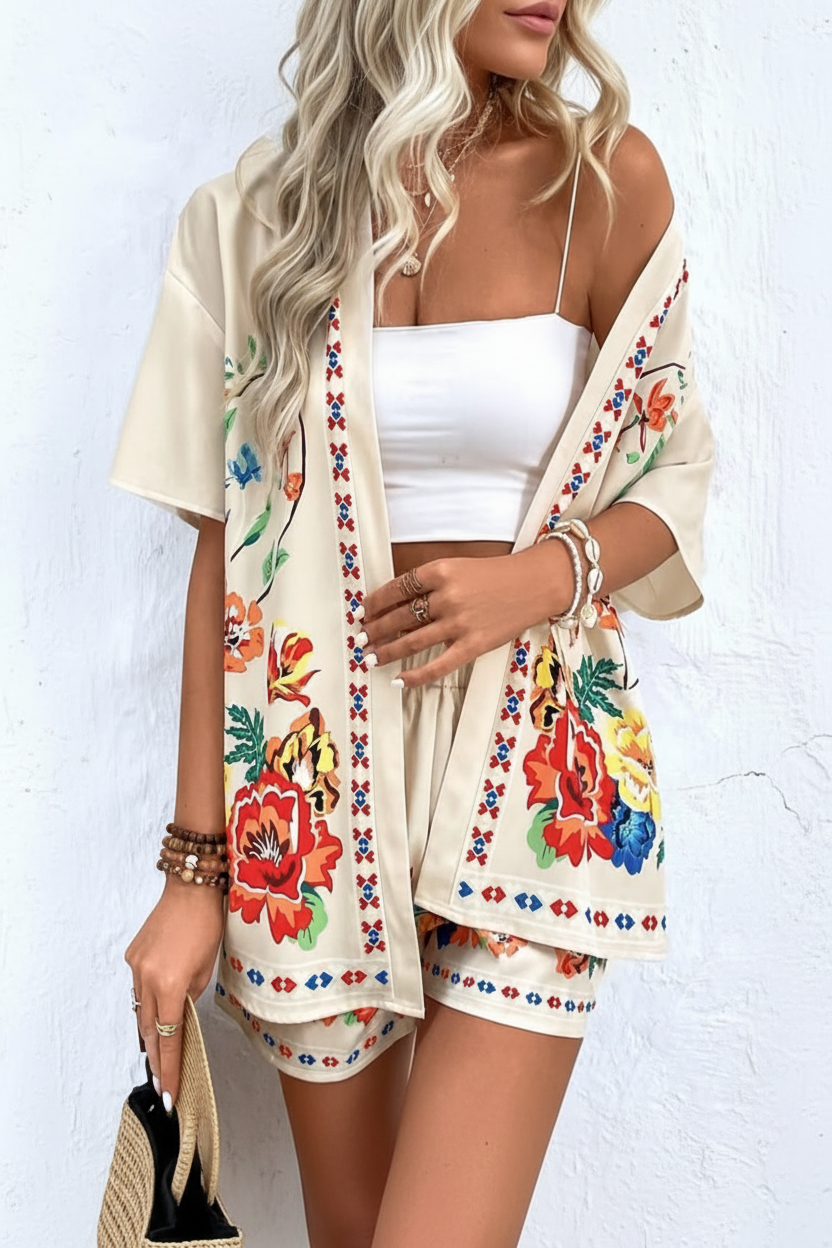 Enjoy summer in this women's tropical print two-piece shorts set. Ideal for vacation, beach & resort fashion.