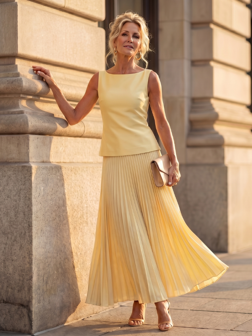 Women's two-piece structured top & pleated maxi skirt set. Elegant party wear for summer events.