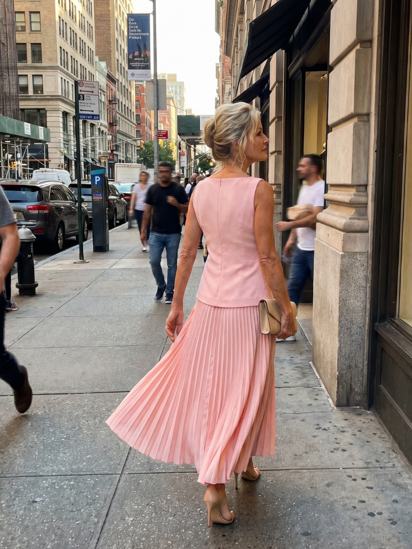 Modern women's two-piece set: structured top with pleated maxi skirt. Chic summer party fashion outfit.