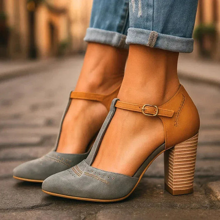Women's two-tone block heel pumps in elegant gray & black, perfect for office or daily versatile wear.