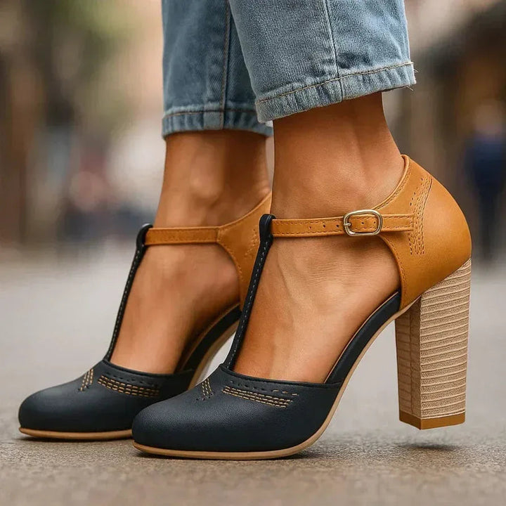 Comfortable two-tone block heel pumps for women, ideal for versatile daily wear & office elegance.