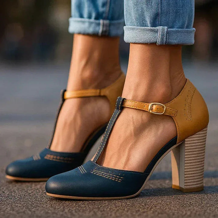 Stylish women's blue & white two-tone block heel pumps, elegant formal or casual daily footwear.