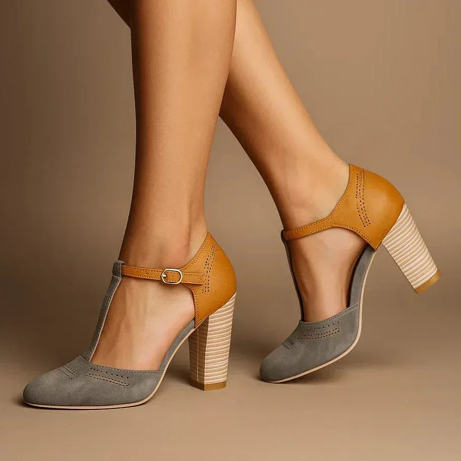 Elegant women's two-tone block heel pumps, offering versatile comfort for daily wear & office style.