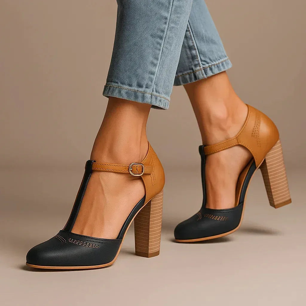 Women's black & beige two-tone block heel pumps, comfortable and chic for versatile daily wear.