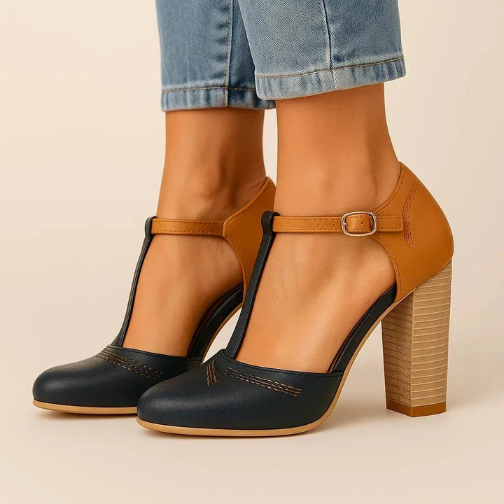 Versatile women's two-tone block heel pumps, perfect for daily office wear, comfort & elegant style.